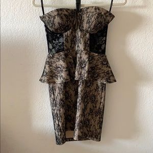 EUC Bebe Black + Cream Semi-sheer Peplum Dress